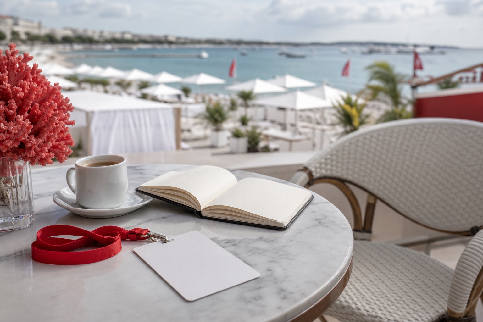 A blank badge, red lanyard and untouched espresso on a Cannes terrace
