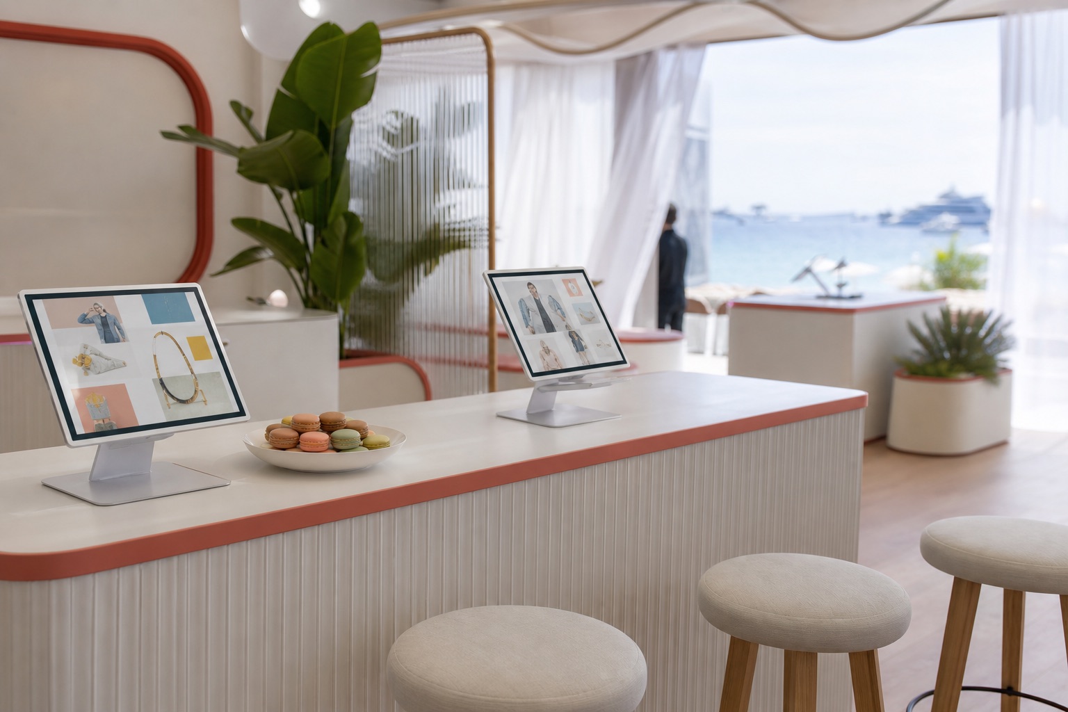 A calm, empty product demo station at a Cannes beach activation